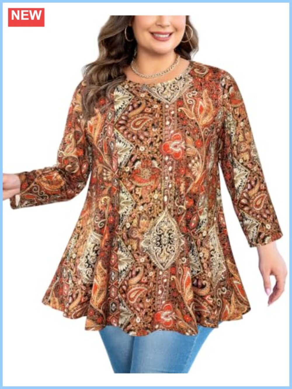 Plus Size Tunic Top 3/4 Sleeve Swing Flowy Long Blouse